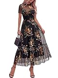 BTFBM Summer Dresses for Women 2026 Mesh Short Sleeve Floral Print Ruffle Long Boho Wedding Guest Dress Cocktail(Floral Black Yellow, Large)