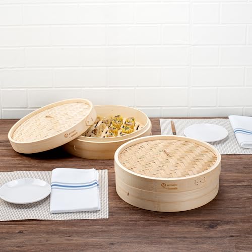 Motomori 12 Inch Bamboo Steamer Set, 10 Reusable Dumpling Steamers - Includes 1 Lid And 1 Tier, Durable, Bamboo Asian Steamer Baskets, For Steaming Vegetables, Meats, And More - Restaurantware by Restaurantware - Image 4