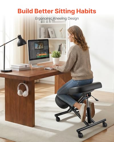 Image of VEVOR Ergonomic Kneeling Chair with Wheels, Mobile X-Shaped Posture Knee Chair with Adjustable Height & Thick Foam Cushions, Natural Relief for Neck or Back Pain for Home, Office or Meditation, Black