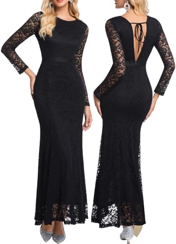 Image of LRISES Womens Floral Lace Backless V-Back Dress Long Sleeves Bridesmaid Formal Evening Wedding Party Maxi Dresses Black