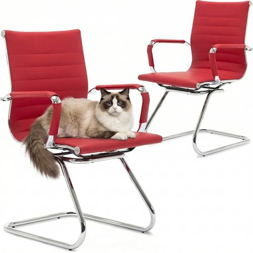 Image of HNY Leather Office Guest & Reception Chairs Set of 2, Modern Waiting Room Chairs with Arms, Desk Chair no Wheels with Sled Base for Conference Room, Burgundy