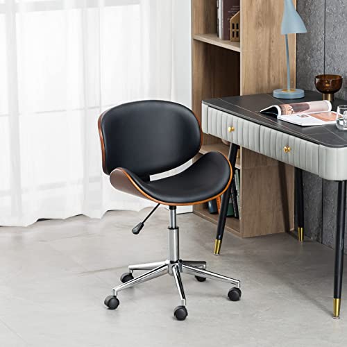 Okakopa Office Chair Wood Faux Leather Desk Chair 360°Swivel Height Adjustable Ergonomic Chair Armless Chairs Curved Wood Black Leather Office Chair Home Computer Chairs With Wheels (New Black) #TOP1