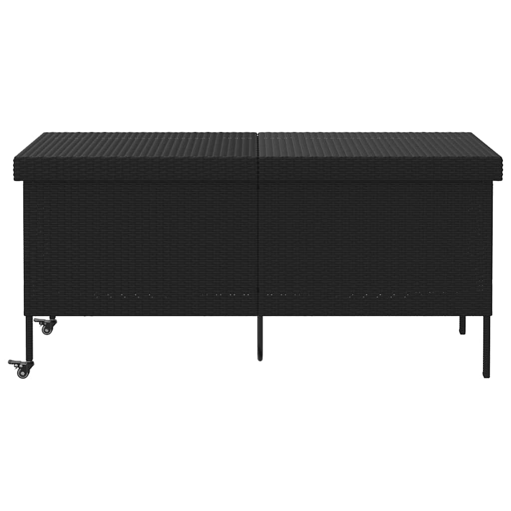 Skrzynia ogrodowa na kółkach, czarna, 160 x 55 x 75 cm, polirattan, skrzynia ogrodowa, skrzynia na poduszki, na taras, balkon, do przechowywania, przechowywania w sposób odporny na warunki