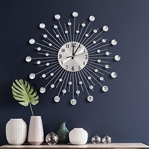 JUGV 19.7 Inch Large Wall Clock for Living Room Decor, Non-Ticking Quiet Modern Metal Starburst Bling Silver Crystal Wall Clocks Decor for Bedrooms Kitchen Decorative