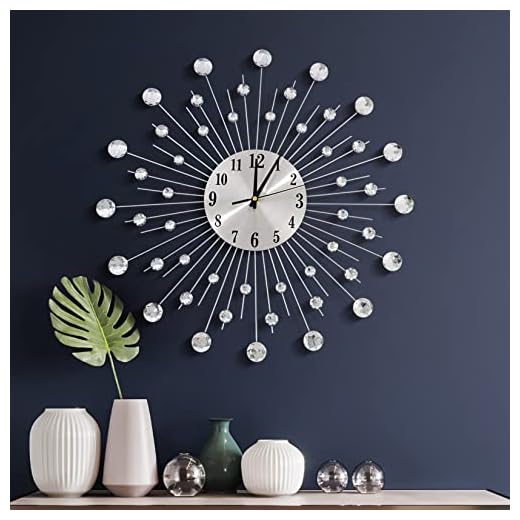 19.7 Inch Large Wall Clock for Living Room Decor, Non-Ticking Quiet Modern Metal Starburst Bling Silver Crystal Wall Clocks Decor for Bedrooms Kitchen Decorative