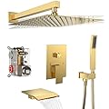 Rain Shower System 12 inch Shower Faucet Set with Tub Spout,Bathroom Wall Mounted Waterfall Shower Head Bath tub Faucet Sets Complete with Handheld Spray,Included Valve Body and Trim kit,Brushed Gold