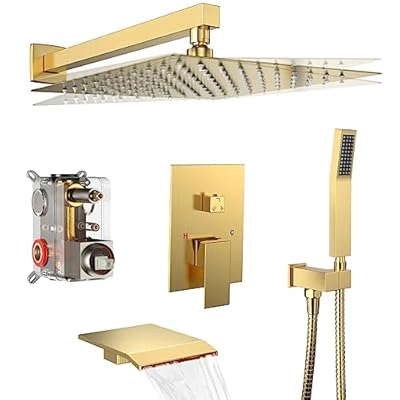 Rain Shower System 12 inch Shower Faucet Set with Tub Spout,Bathroom Wall Mounted Waterfall Shower Head Bath tub Faucet Sets Complete with Handheld Spray,Included Valve Body and Trim kit,Brushed Gold