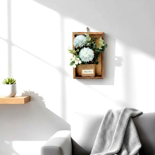 Image of Artificial Chrysanths Wall Hanging Flower Frame - Rustic Wooden Frame with Burlap Vase, Home & Office Wall Decor