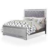 Furniture of America Salida Wood Frame Queen-Size Bed with Button Tufted and Fabric Upholstered Headboard, Box Spring Required for Bedroom, Guest Room, Silver and Gray