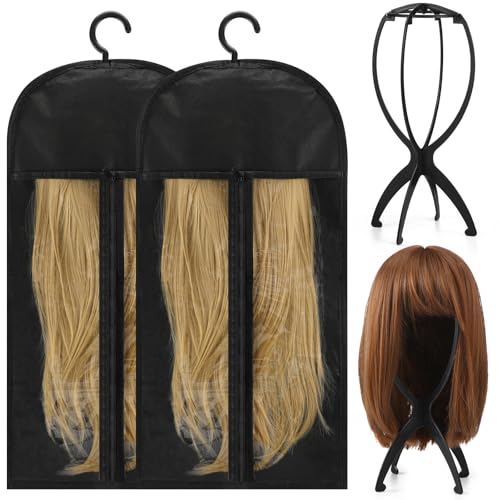 ProSuites 2 Pcs Wig Storage Bags with 2 Pack Wig Head Stand Travel Wigs Holder Hat Display Wig Set for Home Salon Use Black