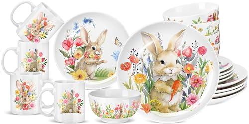 Zhehao 16 Pcs Easter Bunny Dinnerware Set Ceramics Rabbit Dishware Include 10 Inch Dinner Plate 7 Inch Salad Plate 5' Cereal Bowl 16 oz Coffee Mug for Holiday Dinner Party, Service for 4