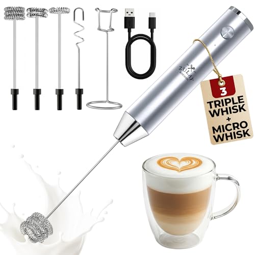 Image of Zulay Kitchen Rechargeable Milk Frother Handheld - Frother Wand, Drink Mixer, Electric Whisk Frother, for Cappuccinos, Matcha & Protein Powder - Lux 4 Whisk 2 Speed Waterproof 2000mAh Silver