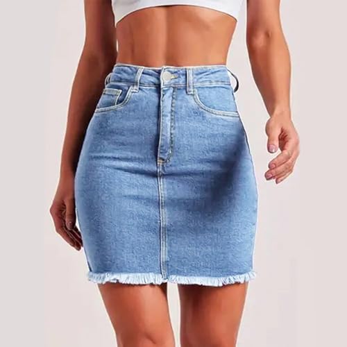 Stretchy Denim Mini Skirts for Women High Waisted Slim Fit Raw Hem Jean Skirt Stretch Bodycon Short Skirt with Pockets3