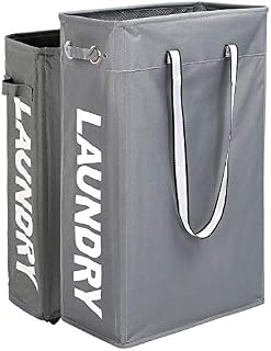Caroeas Cloth Clothes Basket, 24" Handy Hanging Laundry Basket Tall & Slim Hamper Waterproof Laundry Bag Collapsible Travel Laundry Bag with Breathable Mesh Cover & Soft Handle Laundry Hamper (Grey1)