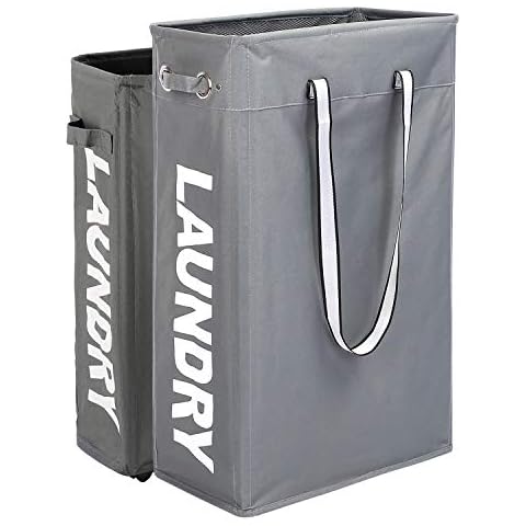 Caroeas Cloth Clothes Basket, 24" Handy Hanging Laundry Basket Tall & Slim Hamper Waterproof Laundry Bag Collapsible Travel Laundry Bag with Breathable Mesh Cover & Soft Handle Laundry Hamper (Grey1) Cover