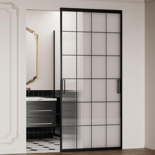 Image of Opening Size 26 inch -30 inch x 72-85 inch H Fluted Glass Barn Door, Concealed Sliding Barn Door with Soft Close, Waterproof Modern Sliding Door for Bathroom /Kitchen Privacy, 5 /16 inch(8mm) Tempered Glass, Black