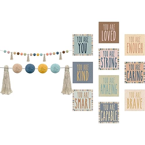 Image of Teacher Created Resources Everyone is Welcome Pom-Poms and Tassels Garland + Positive Affirmations Accents