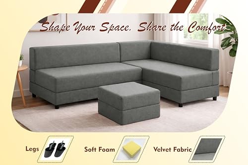 Image of Leg Sofa Cum Bed with Ottoman | Jute Fabric | Multipurpose Folding 3 Seater Sofa Bed 5x6 Ft for Living Room | Space Saving Furniture | Modern Design - Grey