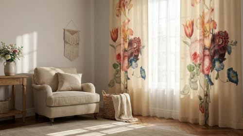 Image of Floral Printed Window Curtain for Living Room & Bedroom | Premium Polyester Door Curtain | Elegant Flower Design Drapes | Light Filtering Home Decor Curtain | Cream Multicolor (2 Pcs)