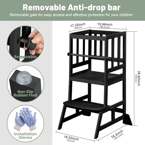 COSYLAND Toddler Standing Tower - Adjustable Height Toddler Kitchen Stool Helper - Kids Kitchen Step Stool for Learning with Removable Safety Railing Black