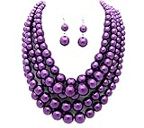 Women's Five Multi-Strand Simulated Pearl Statement Necklace and Earrings Set (Purple)
