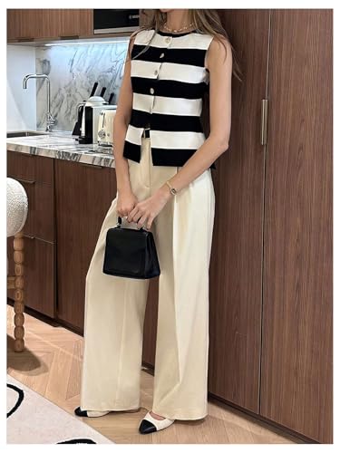 MakeMeChic Women's Striped Vest Button Down Colorblock Split Sleeveless Business Top2
