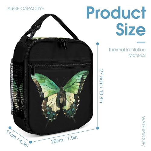 Three Color Green Butterflys Travel Backpack Lunch Box Pencil Case 3Pcs Set for Men Women Office Outing University4