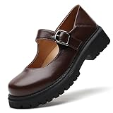 XMM Mary Jane Shoes Brown Platform Chunky Mary Janes for Women Ladies Comfort Leather Round Toe Non-Slip Ankle Strap Dressy Casual Cute Girls Kawaii Lolita School Trendy Work Shoes US 7.5