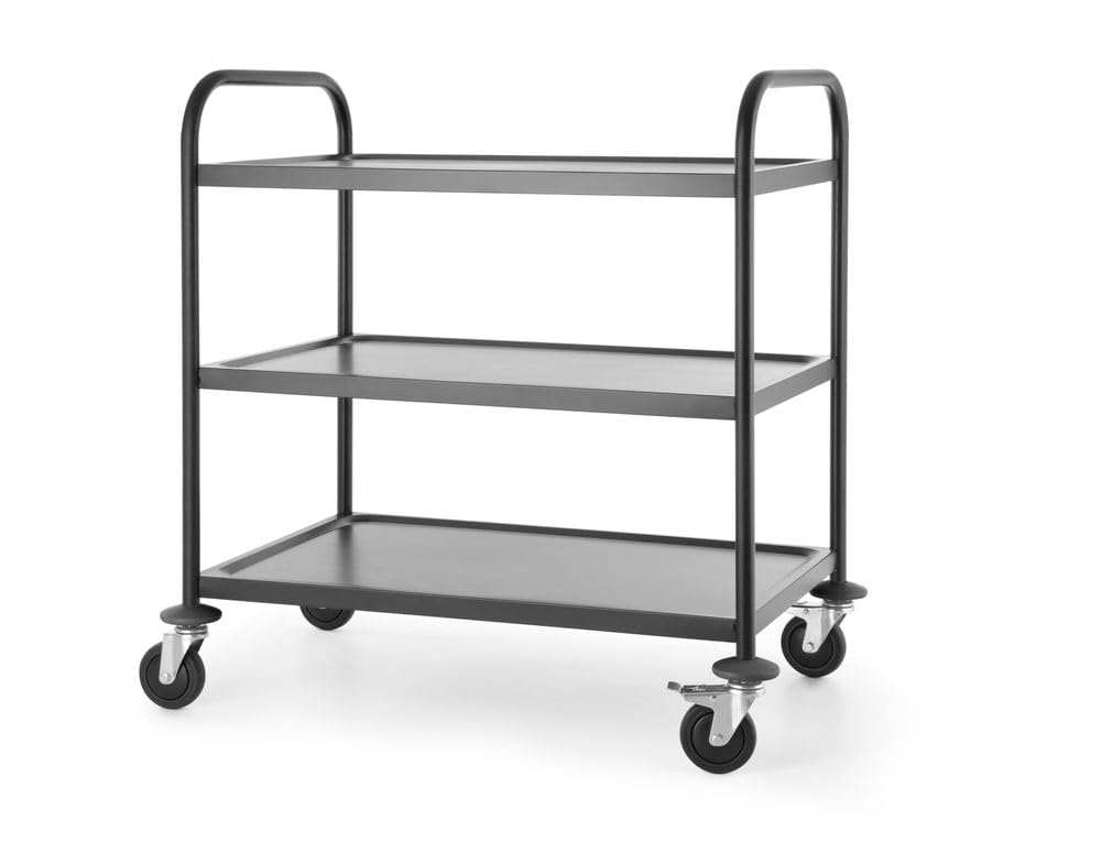 HENDI Servierwagen, für Geschirr, Küchenwagen, mit 4 Lenkrollen-2 Davon gebremst, 3 Regalböden, Max. Traglast pro Boden 50kg, 905x585x(H) 945mm, Blech 830x510mm, Edelstahl, Mattschwarz
