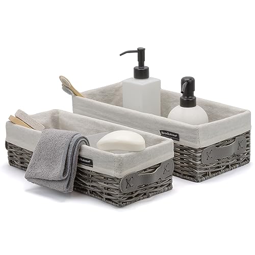 BROOKSTONE [2 PIECE SET] Wicker Storage Basket with Crafted Side Handles, Boho Organization and Storage, Woven Decorative Shelf Bin, Over the Toilet Paper Reserve, Suitable for Any Home Décor Style