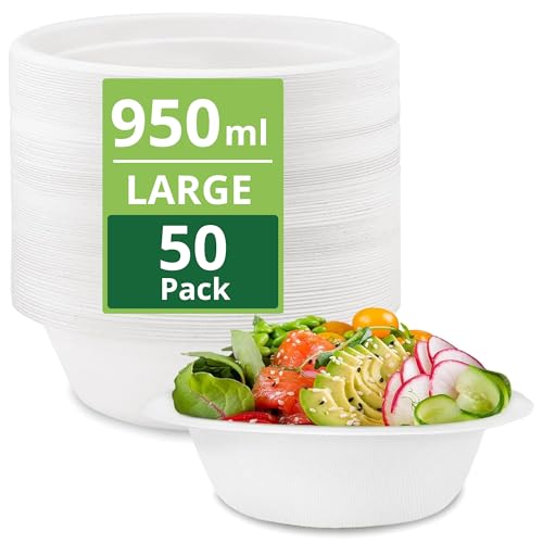 50 Pack Strong Paper Bowls – 950ml Large Disposable Compostable Bagasse Bowl for Party – (8.5 x 2.4 inches) Biodegradable Eco-Friendly Heavy-Duty Microwavable Soup Bowls – Dessert, Salad, Christmas