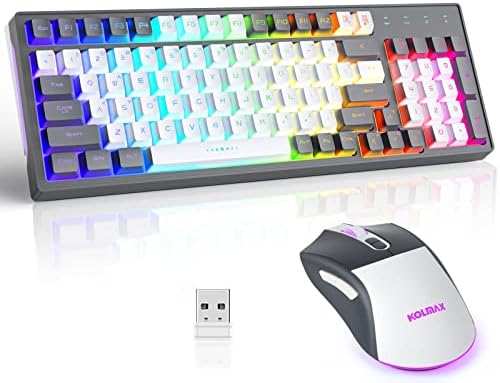 CK98 Wireless Gaming Keyboard and Mouse Combo,Rechargeable RGB Grey Gaming Keyboard RGB Backlit 98 Keys Mechanical Feeling Dual Color Keyboard and Gaming Mouse 3200DPI for PC Mac Gamers(GreyWhite)