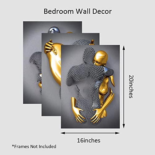 Bedroom Canvas Wall Art Decor,Black&Gold Romantic Kissing Embrace Couple Living Room Painting Poster,16”X20” Unframed Lovers Picture Set,3D Abstract Family Metal Sculpture Effect Picture For Home #TOP3