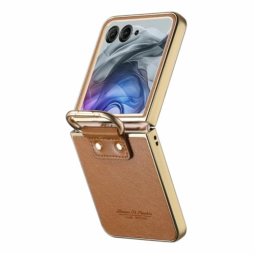 Image of for Motorola Razr 50 Ultra 5G Case Electroplating Leather Coated PC Phone Cover with Spring Ring Buckle Kickstand - Brown