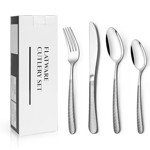Estmoon Hammered Cutlery Set, 32 Piece Stainless Steel Flatware Set, Silverware Set with Spoon Knife and Fork Set, Service for 8, Dishwasher Safe, Mirror Polished