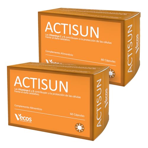 Actisun Vecos con Betacaroteno para un Bronceado Natural y Luminoso | Antioxidante con Vitaminas C y E para la Protección de la Piel contra Radiaciones Ultra Violetas y Radicales Libres - 60 Cápsulas
