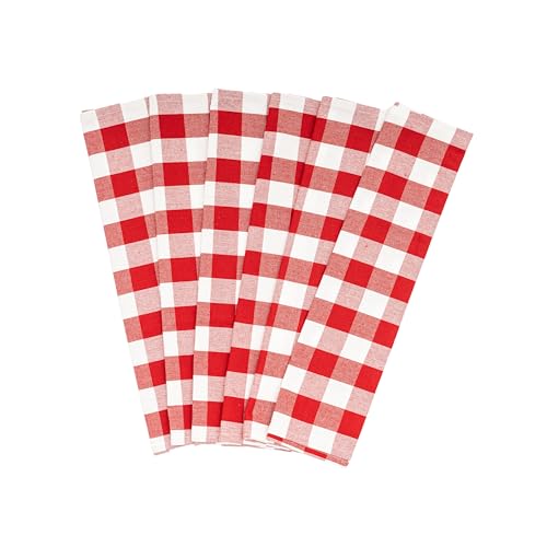 Image of Red and White Plaid Kitchen Towels - Set of 6 Red Checkered Dish Towels with Hanging Loop - 100% Cotton, Extremely Absorbent, Multipurpose Buffalo Plaid Dish Towels - Reusable & Washable (6 Pack)