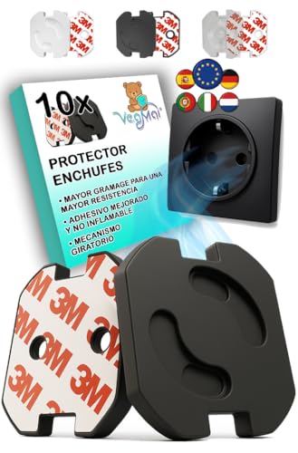 VegMai®[10 Unidades] Protector Enchufes Seguridad Infantil Con Mecanismo De Giro Y Adhesivo 3M Ideal Para Bebes Niños Y Pequeños En El Hogar. Schuko Europeo Tapas Color (NEGRO)