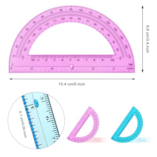 zonon 2 pcs 6 inch plastic protractor math protractors 180 degrees angle measurement translucent for geometry classroom kid student school office suppliespink blue