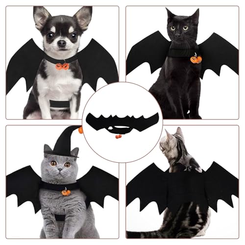 Halloween Kostüm Katze Fledermaus Flügel,Haustier Katzen Kleidung Fledermausflügel Costume,Pet Cat Bat Wings Kostüme Schwarze Katzenkostüm mit Kürbisglocken,für Haustiere Kitten Cats Cosplay Clothing