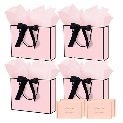 Medium Pink Gift Bags – 4 Pack Kraft Paper Bags with Tissue Paper and Cards for Birthdays, Baby Showers, Weddings, Parties, Holiday Gifts