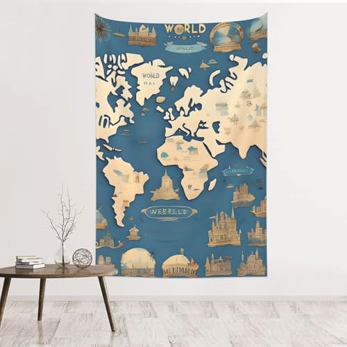 Tapisserie murale carte du monde 152x101 cm en velours de pêche