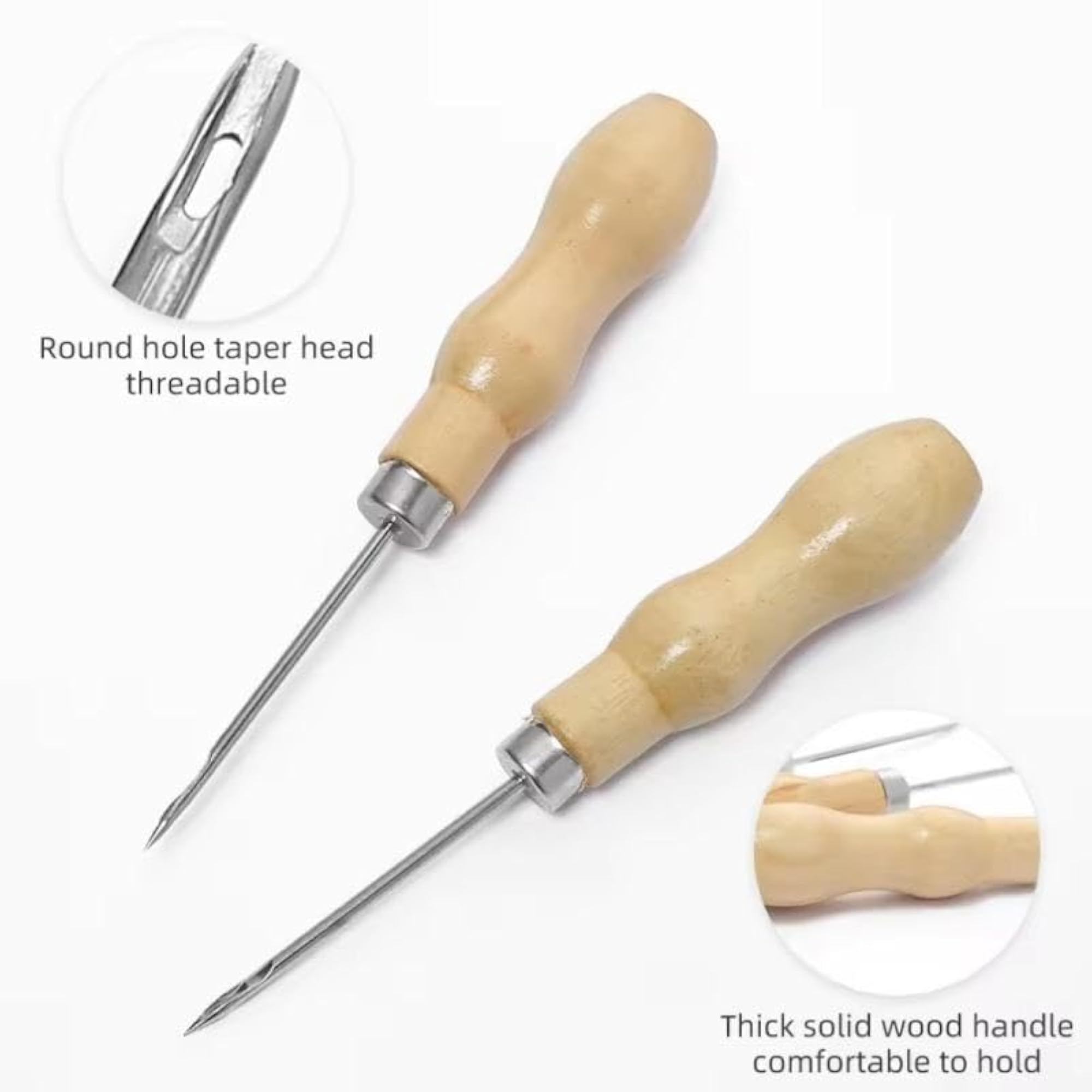 Leather Sewing Awl Needle Set with Wooden Handle (3 Pieces)