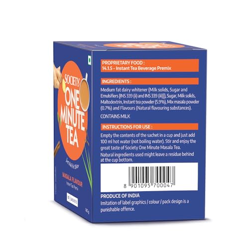 Image of Society One Minute Tea | Masala Flavour | Made with Ginger, Clove, Black Pepper, Cinnamon | Masala Chai | Flavoured Instant Tea | 14g X 10 Sachets (140g) | Pack of 1