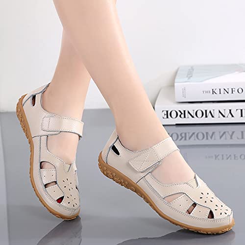 Women's Summer Casual Closed Toe Leather Sandals,Comfortable Soft Sole Ankle Strap Mary Jane Orthopedic Beach Shoes 5