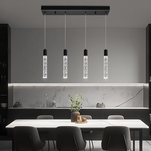 Image of 4 Light Pendant Lights Kitchen Island, Modern Matte Black Crystal Pendants with Dimmable 3000K-6000K LED Ceiling Hanging Light Fixture for Dining Room Bedroom, Adjustable Height 59 inch