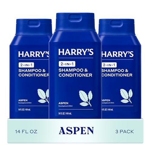 Harrys Mens 2 in 1 Shampoo and Conditioner for All Hair Types - Aspen Scent - (3 Pack) 14 fl oz - No Parabens or Sulfates