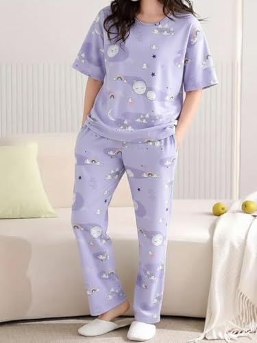 Image of Women's Korean Style Night Suit Set | Cotton Half Sleeve Top & Pyjama Set | Round Neck Printed Nightsuit | Comfortable Nightwear & Loungewear for Women | Sleepwear Pjs Lounge Set |Co-ords Outfit