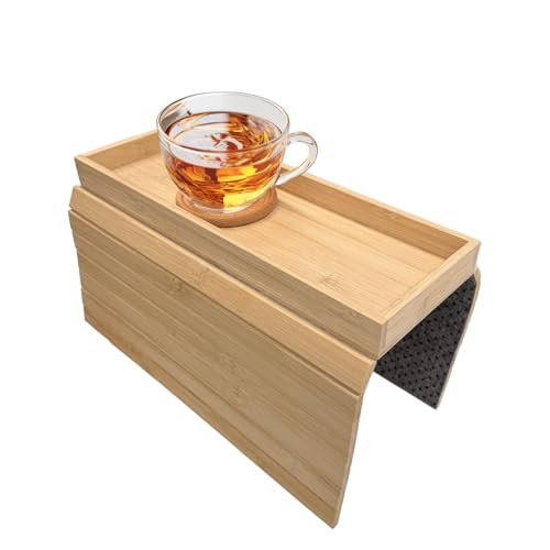 Tablette pour accoudoir en Bois Massif, Tablette Gain de Place pour Snacks et Boissons, rainures antidérapantes, avec 1 sous-Verre en Bois, Organisateur...