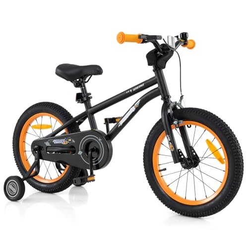 HONEY JOY 16" Kid's Bike for 4-7 Years Old, Sport Bicycle w/Adjustable Saddle & Anti-Slip Handlebar, Fully Enclosed Chain Guard, Handbrake & Coaster Brake, Removable Training Wheels (Black)